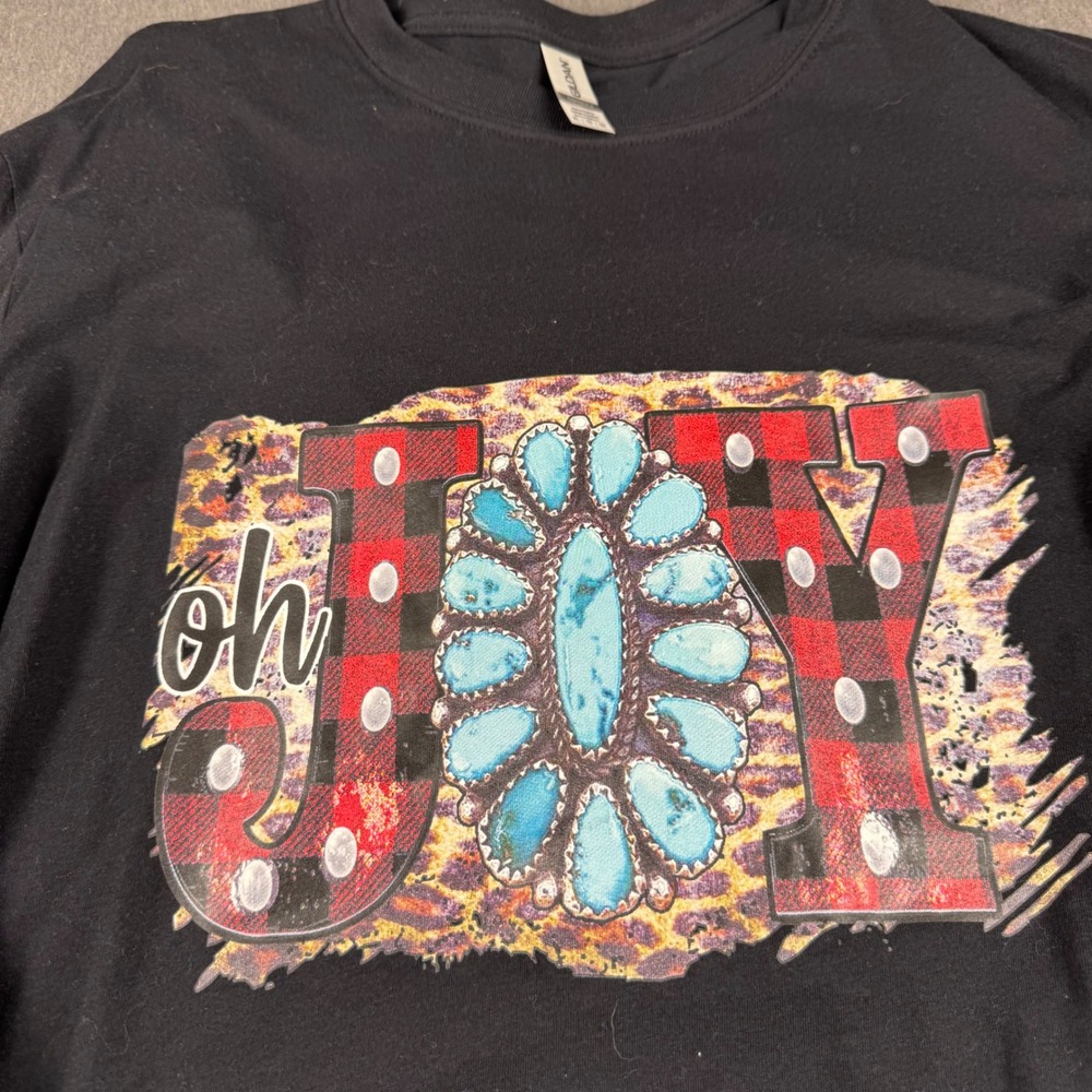 Gildan Softstyle Oh Joy Graphic Long Sleeve Tee Black Western Plaid XL